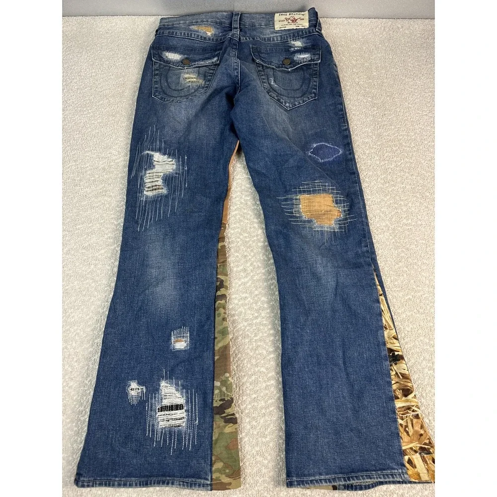 True Religion Ricky Jeans Mens 34x35 Blue Relaxed Straight Camo Distressed Denim